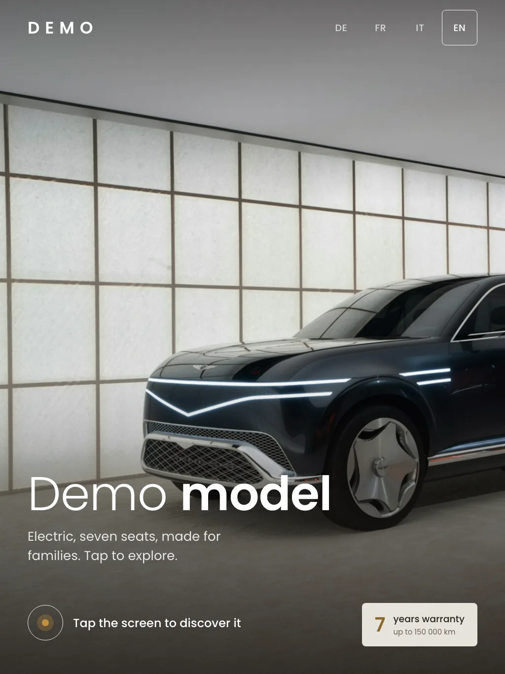 The ShowroomOS kiosk in portrait: an SUV in a bright studio, the model name and an invitation to tap.