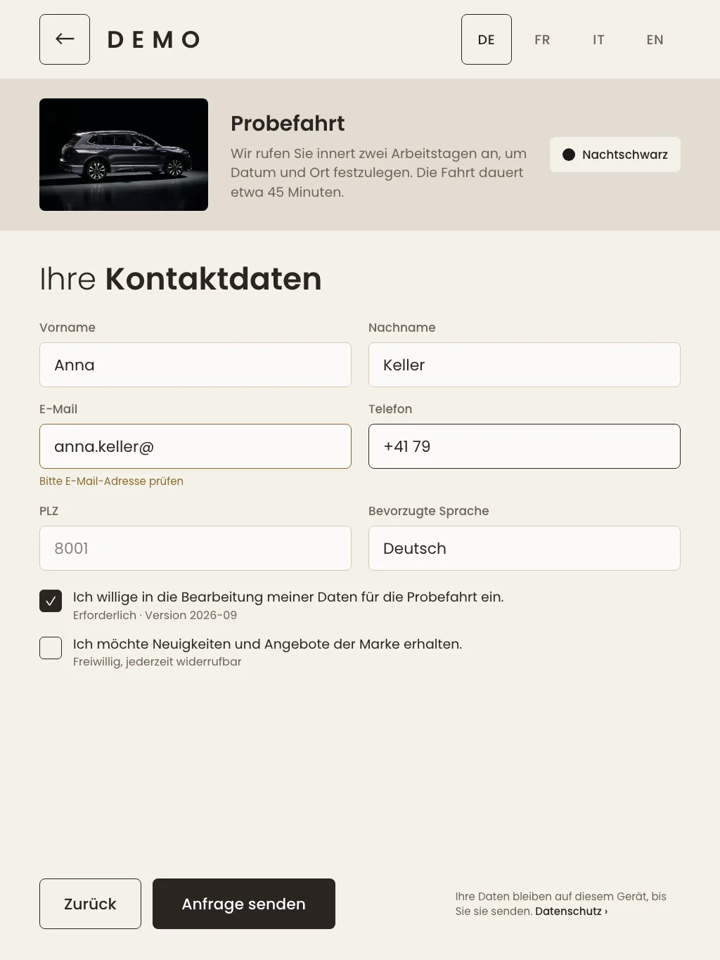 Kontaktformular des Kiosks für eine Probefahrt, mit grossen Feldern und getrennten Einwilligungen.