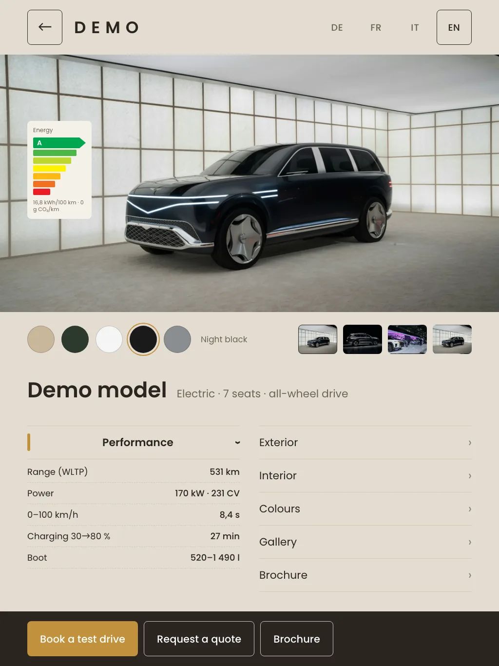 Kiosk vehicle page with photo, colour swatches, specs, energy label and action bar.